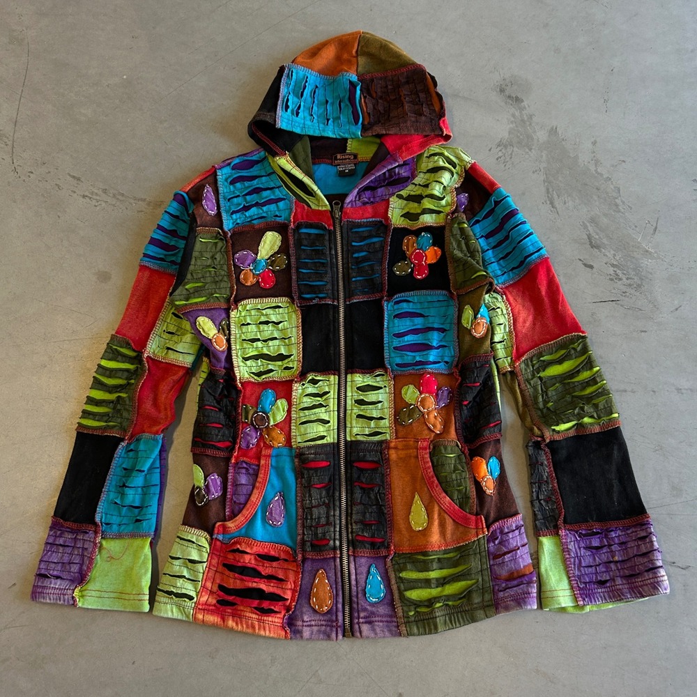 Rising International Patchwork Hoodie Peace Sign Boho Distressed Zip Up Medium